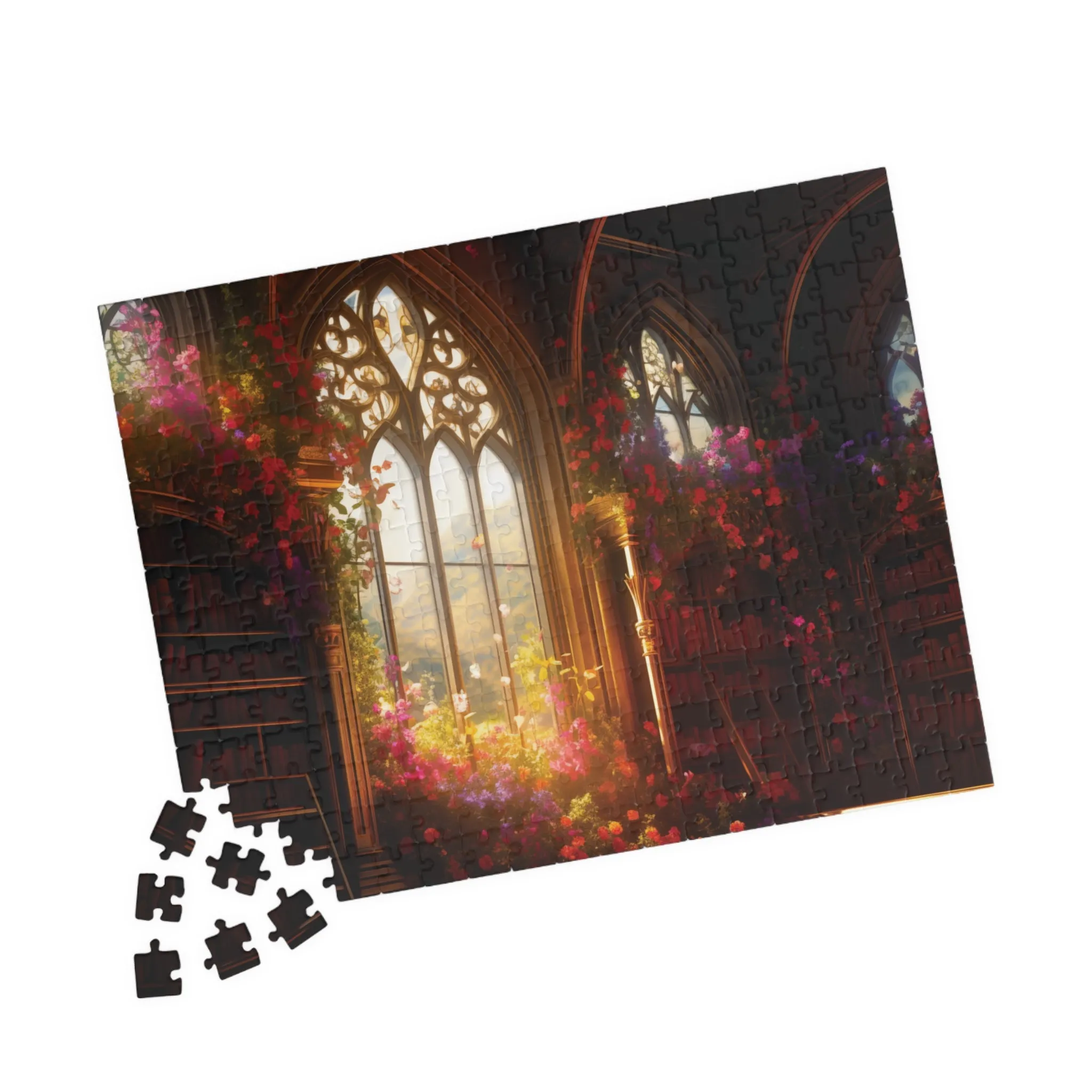 Jigsaw Puzzle - Magical Library with Vibrant Flowers - Fantasy and Nature-Inspired Art, Immersive Design, Bookshelf Puzzle, Enchanting