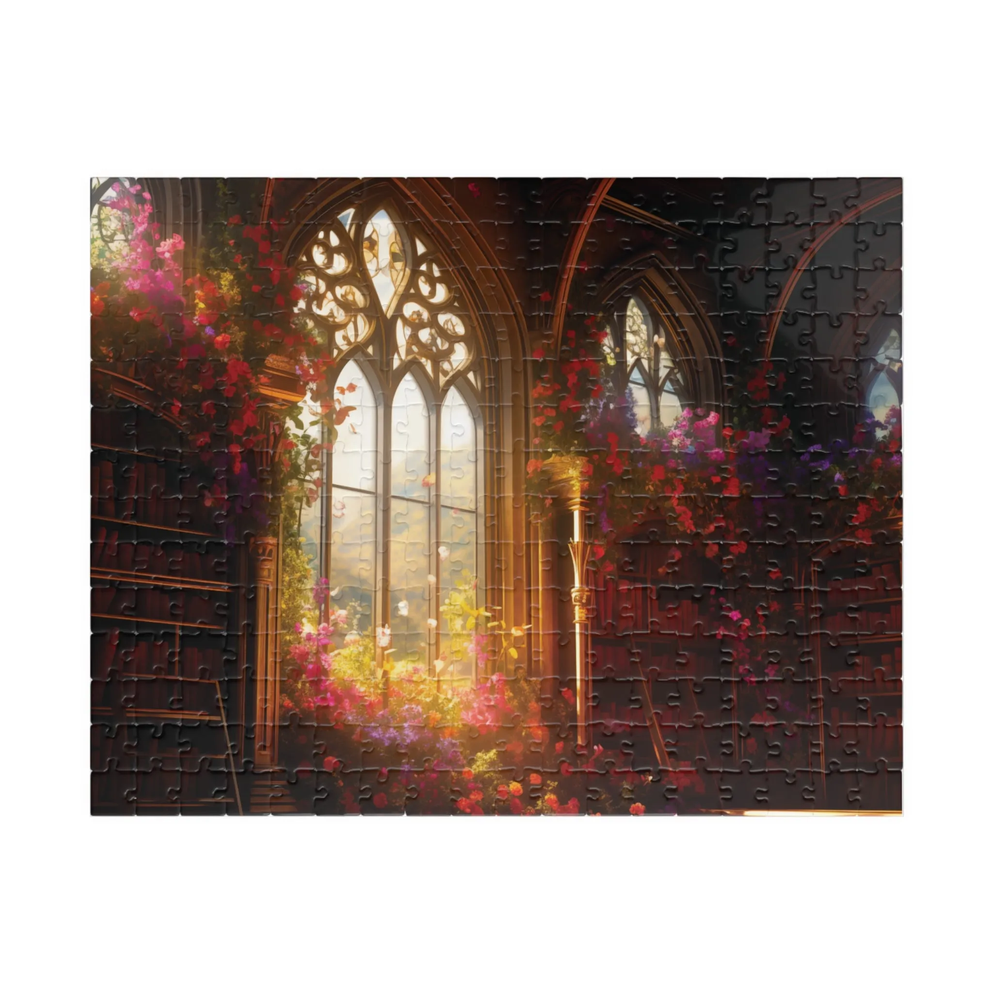 Jigsaw Puzzle - Magical Library with Vibrant Flowers - Fantasy and Nature-Inspired Art, Immersive Design, Bookshelf Puzzle, Enchanting