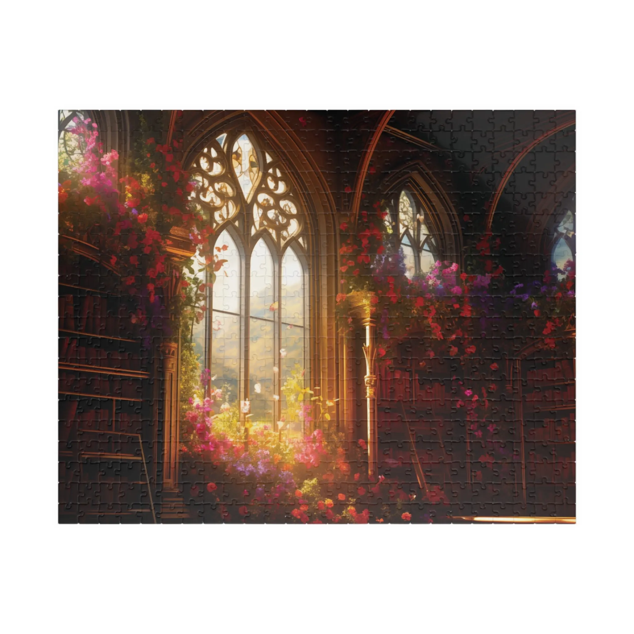 Jigsaw Puzzle - Magical Library with Vibrant Flowers - Fantasy and Nature-Inspired Art, Immersive Design, Bookshelf Puzzle, Enchanting