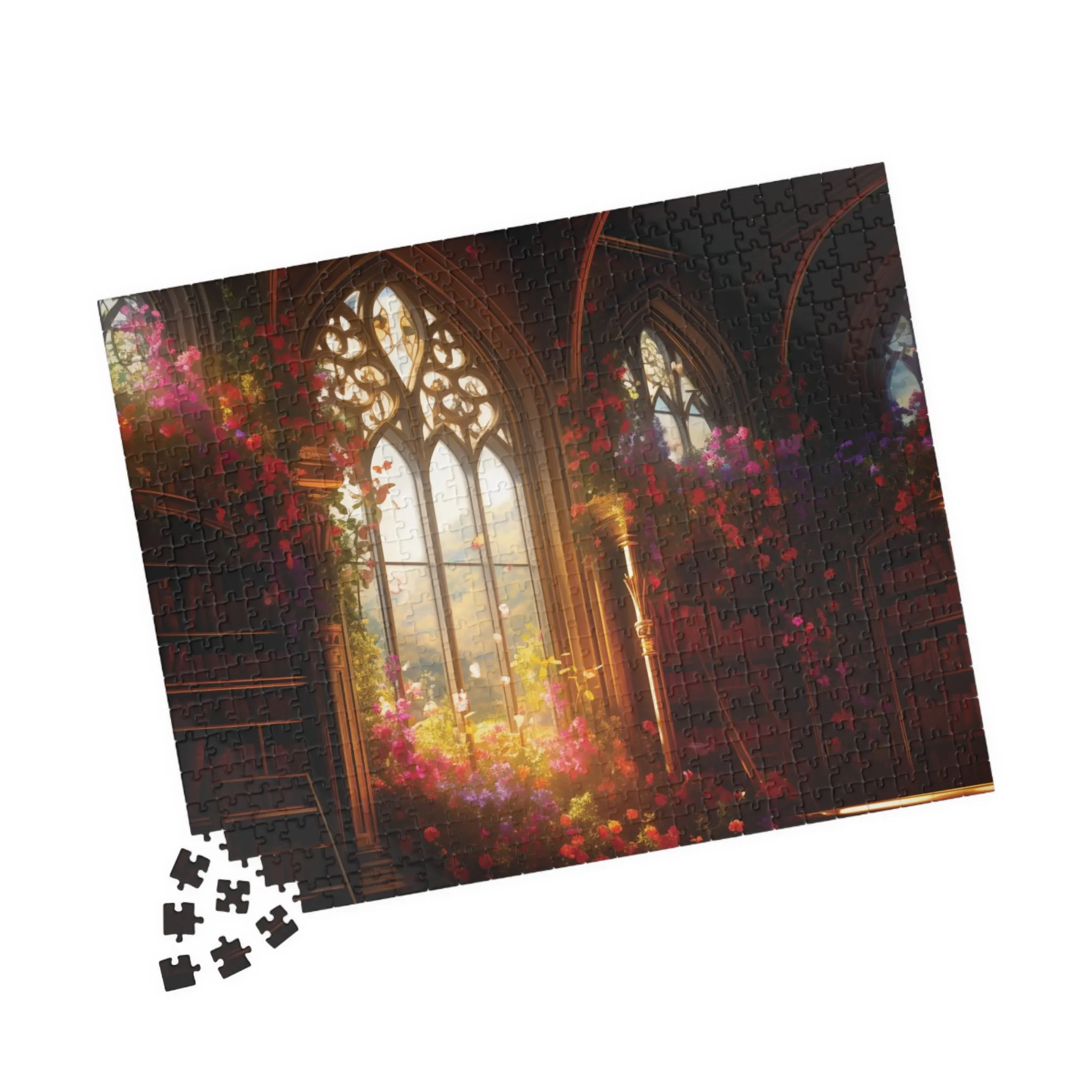 Jigsaw Puzzle - Magical Library with Vibrant Flowers - Fantasy and Nature-Inspired Art, Immersive Design, Bookshelf Puzzle, Enchanting