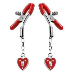 Master Series Captive Heart Padlock Nipple Clamps Red Silver