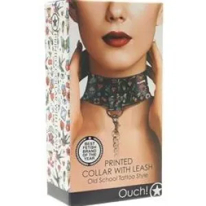 Ouch! Printed Collar With Leash -  Old School Tattoo Style