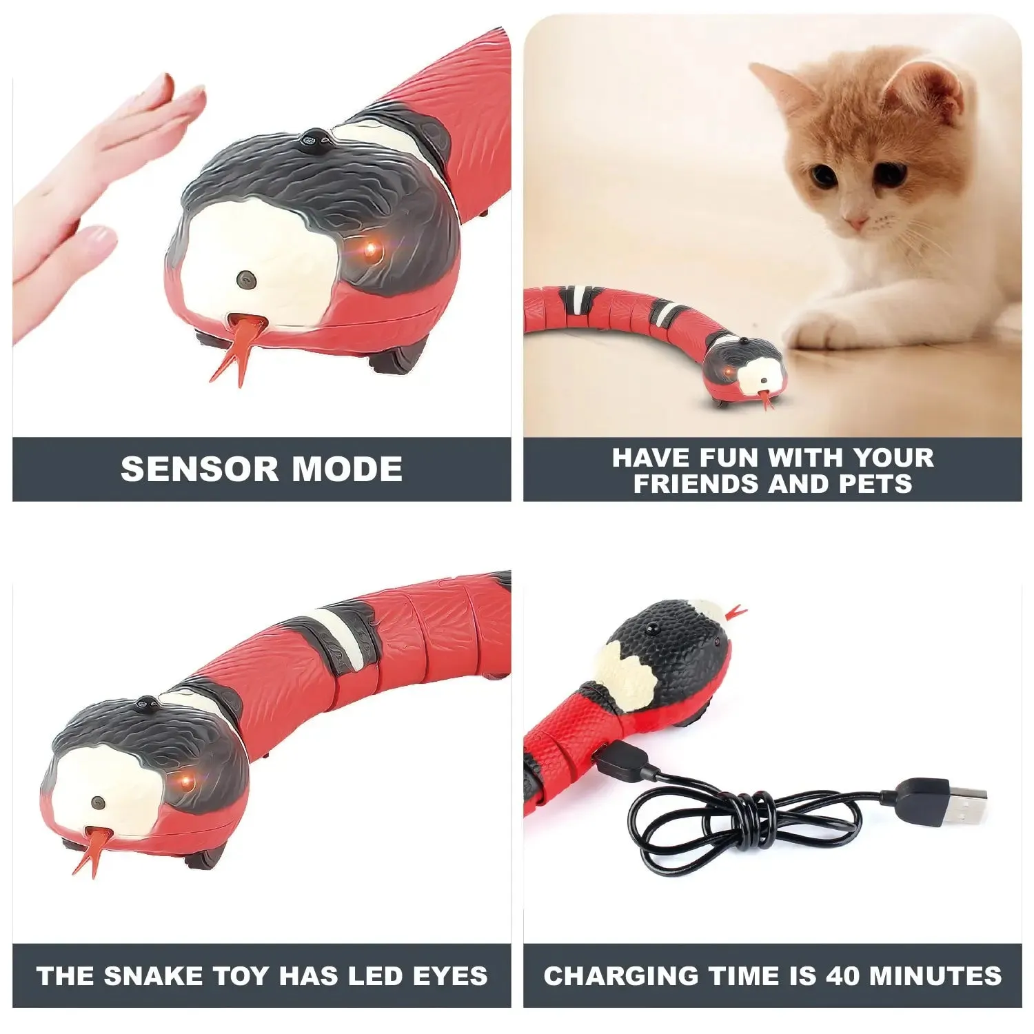 Smart Sensing Cat Toys - Interactive Automatic Electronic Snake Teaser, USB Rechargeable Indoor Play Kitten Toy