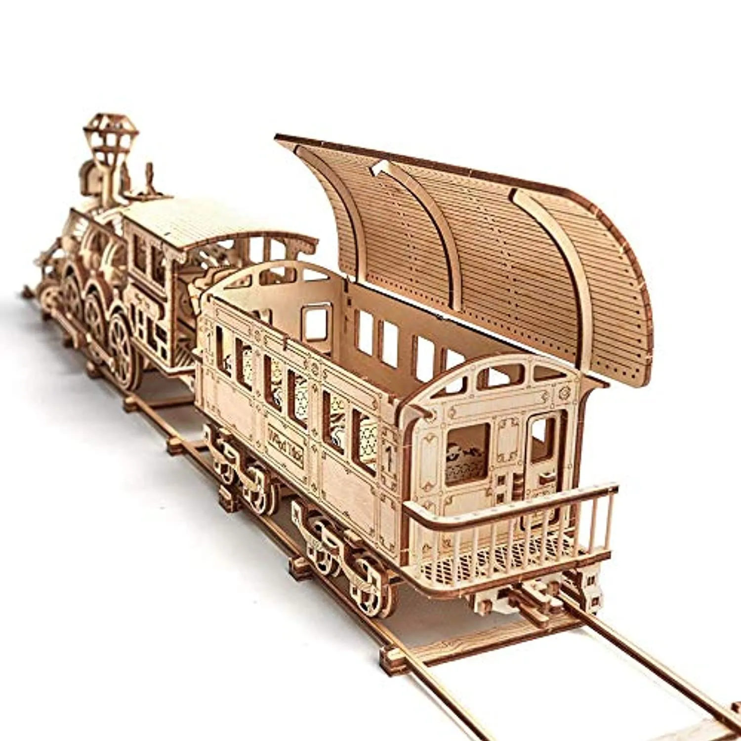 Wooden Toy Train Set with Railway - 34x7″ - Locomotive Train Toy Mechanical Model Kit - 3D Wooden Puzzle